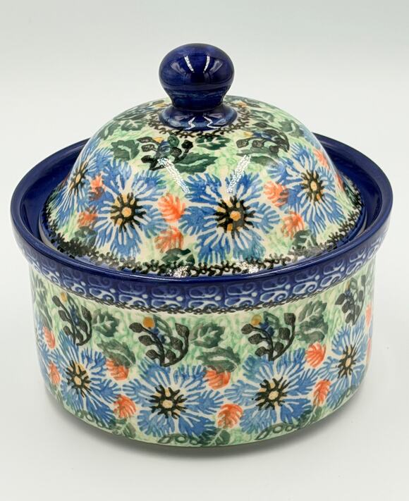 Unikat Polish Pottery E. Karbownik Other - Unikat Polish Pottery E. Karbownik 6' Lidded Bowl Blue Wreath Jar